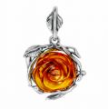 GIA certified Baltic amber rose pendant necklace in 925 sterling silver with honey amber flower and leaf bail, floral gemstone jewelry