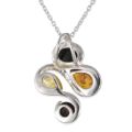 Back view of sterling silver multicolor Baltic amber pendant necklace showing 925 hallmark and open-back setting with lemon, honey, cognac and green amber cabochons
