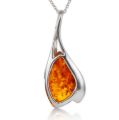 Back view of Genuine Baltic honey amber pendant necklace in 925 sterling silver Madison leaf wrap design with natural amber cabochon on white background
