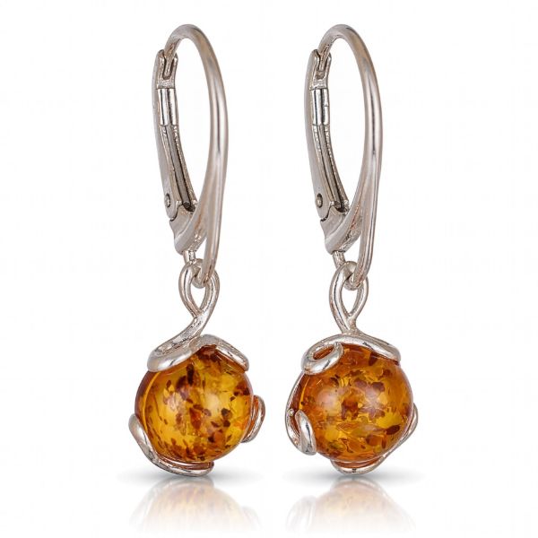 Genuine Baltic honey amber round drop earrings in 925 sterling silver with French leverback closures, natural inclusions, lightweight dangle jewelry for women