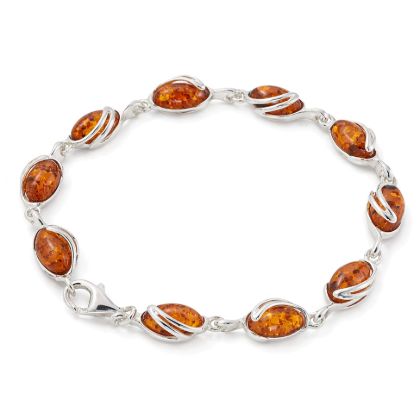 Gemma GIA certified genuine Baltic honey amber bracelet in 925 sterling silver featuring oval amber cabochons and lobster claw clasp, handmade Polish amber jewelry for women