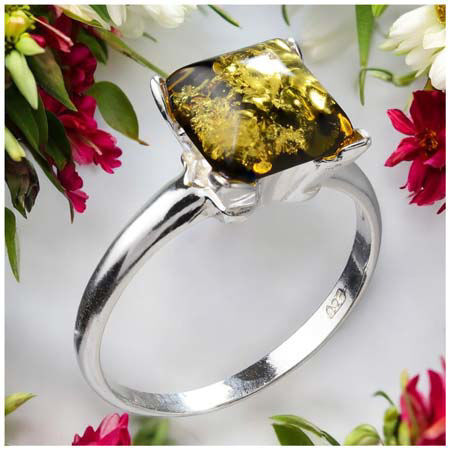 GIA Certified Sterling Silver and Baltic Olive Green Amber Square Ring