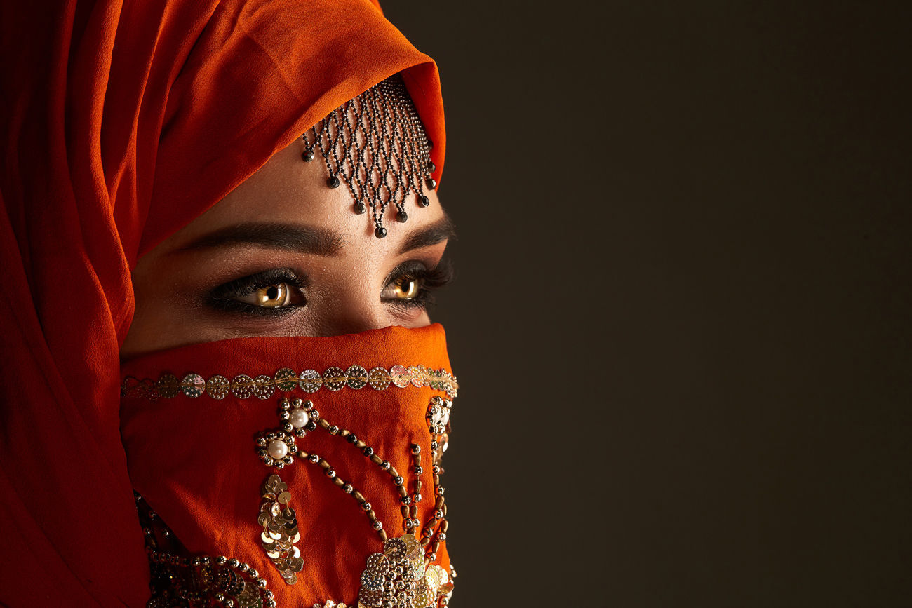 terracotta hijab decorated with sequins and jewelry