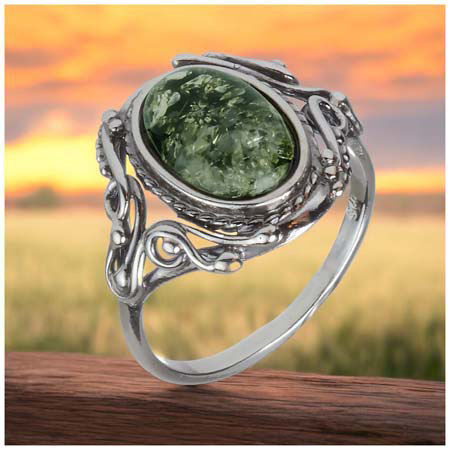 Sterling Silver and Baltic Green Amber Ring "Georgine" - GIA Certified